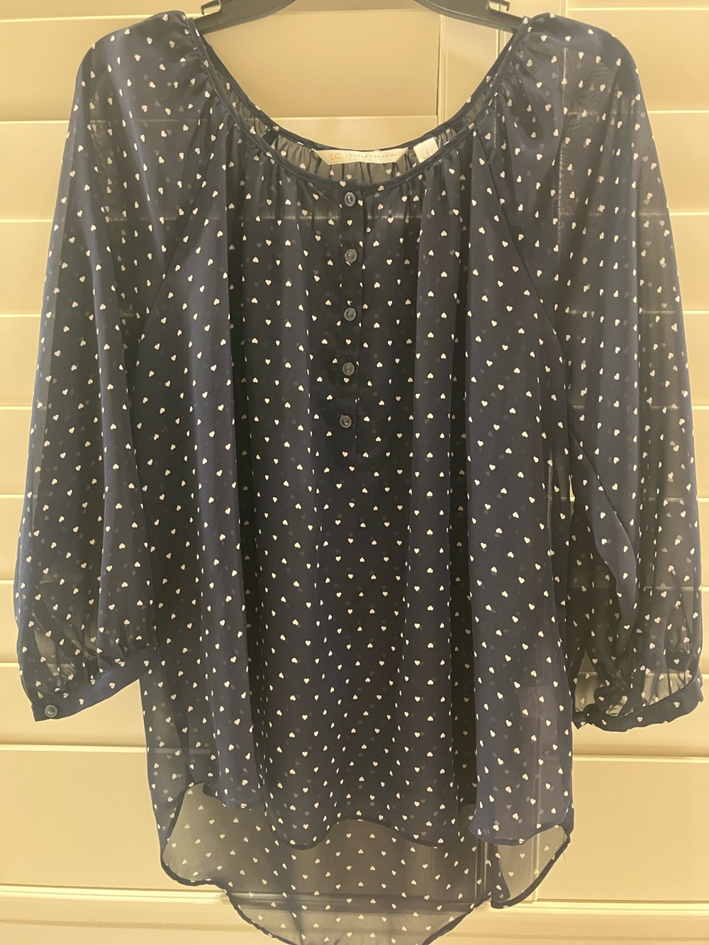 LC Lauren Conrad Navy and White Heart Print Peasant Blouse